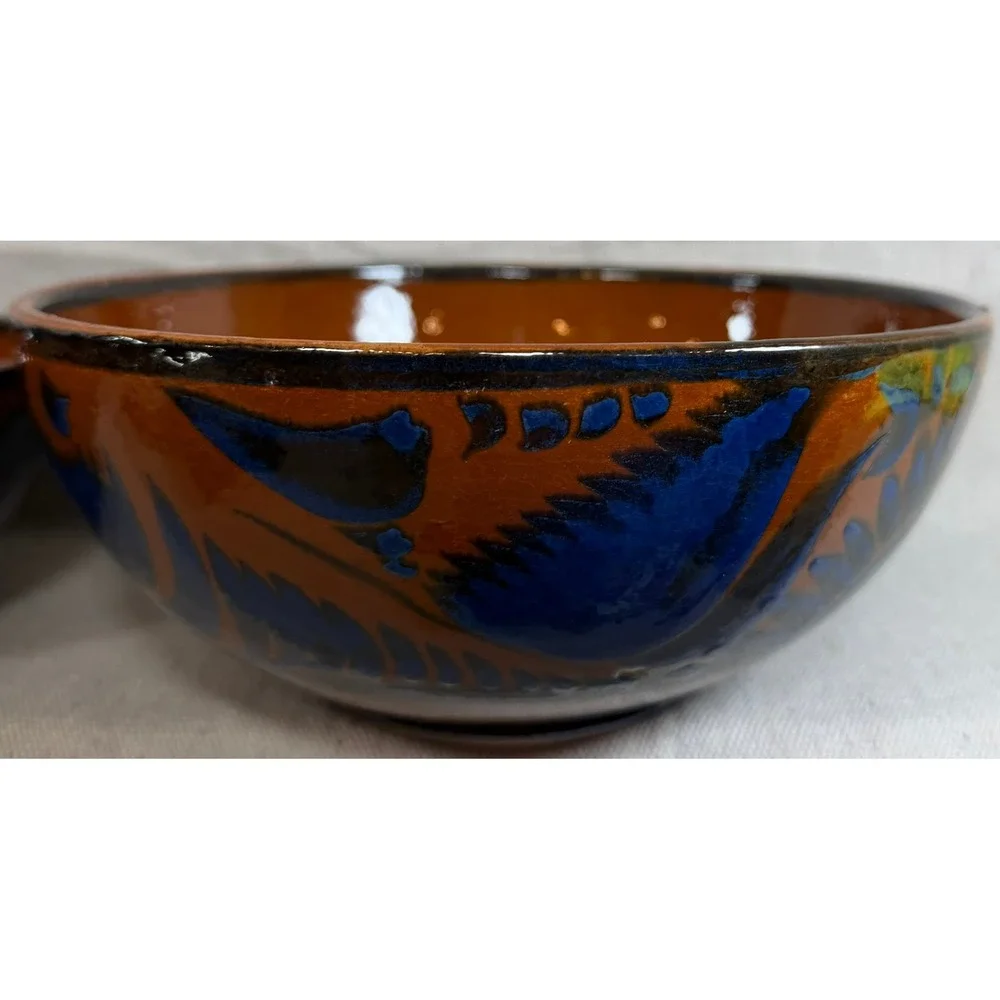 Vintage Handmade Mexican Tonala Pottery Nesting Bowls Set of 3 Terracotta Blue